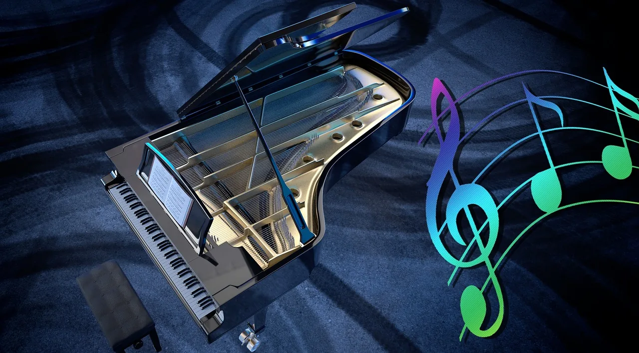 Piano à queue et notes musicales