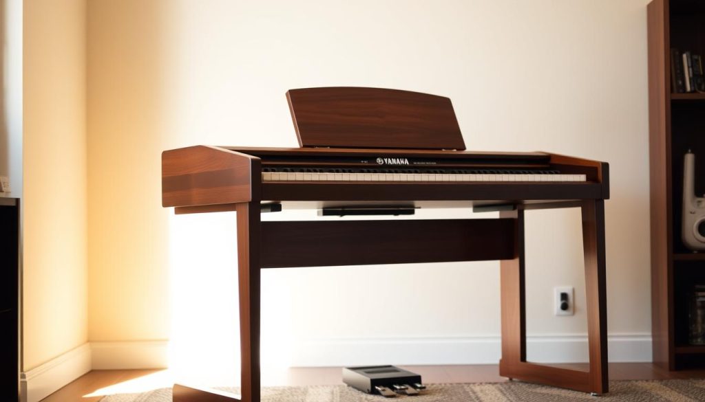 A beautifully crafted wooden piano stand, its sleek and minimalist design complementing the elegant lines of a Yamaha P45 digital piano. The stand is positioned in a cozy, well-lit home studio, with warm, diffused lighting casting a soft glow on the instrument. The piano is angled slightly, allowing the musician to sit comfortably and play with ease. The background features a neutral, muted color palette, creating a serene and focused atmosphere, perfect for immersive musical performances. The overall composition conveys a sense of harmony, quality, and attention to detail, reflecting the care and consideration that went into selecting the ideal piano support.