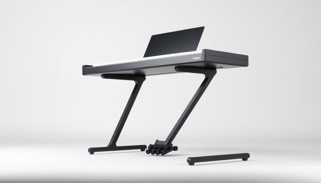 A finely crafted keyboard stand for a Yamaha piano, adjustable in height and angle, captured in a detailed, high-resolution photograph. The stand is positioned against a plain, neutral-toned background, allowing the ergonomic design and adjustable features to take center stage. Soft, even lighting highlights the sleek, metal construction and smooth, matte finish, conveying a sense of precision engineering. The camera angle showcases the adjustability, with the keyboard surface tilted at a slight incline, optimizing the playing position. The overall mood is one of understated elegance and functional simplicity, emphasizing the thoughtful design that allows for personalized comfort and setup.