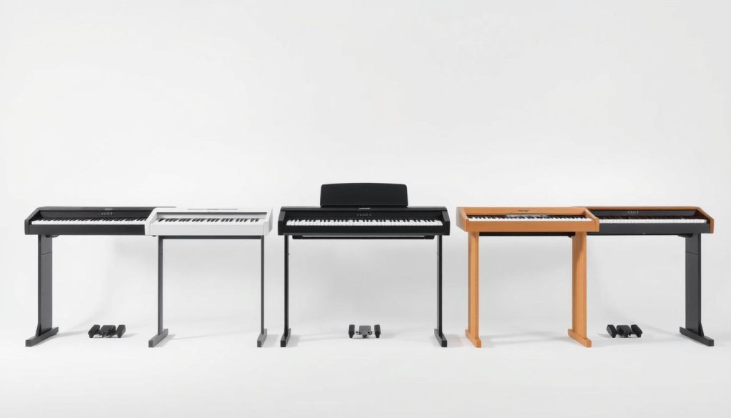A minimalist, well-lit product comparison shot of five piano stands arranged in a horizontal row. The stands are made of sleek, modern materials like metal and wood, showcasing their design and construction details. The lighting is crisp and even, with a slight gradient from left to right to create depth. The background is a simple, neutral color that allows the piano stands to be the central focus. The overall composition is balanced and symmetrical, highlighting the comparative nature of the scene. The stands are positioned at a slight angle to provide multiple viewing angles. The image conveys a sense of professionalism and attention to detail, suitable for an article about the best piano stands for the Yamaha P45.