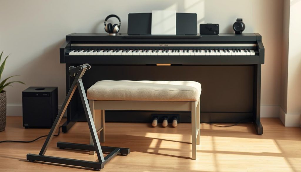 A modern and minimalist still life featuring an array of stylish accessories for a digital piano. In the foreground, a sleek and adjustable piano stand with a minimalist design, crafted from high-quality materials. In the middle ground, a comfortable and ergonomic piano bench, upholstered in a neutral tone to complement the piano. In the background, a set of noise-cancelling headphones, a compact MIDI controller, and a tablet or smartphone, all seamlessly integrated to enhance the digital piano experience. The scene is bathed in warm, natural lighting, creating a cozy and inviting atmosphere. The overall composition emphasizes the harmony between the piano and its complementary accessories, showcasing a visually appealing and functional setup.