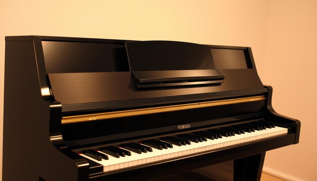 A sleek and modern Yamaha P45 digital piano, its polished ebony surface gleaming under warm studio lighting. The instrument takes center stage, framed by a minimal, minimalist background that allows the piano to be the focal point. The keys are crisp and well-defined, inviting the viewer to imagine the rich, expressive sound that emanates from this high-quality digital piano. The composition is balanced, with the piano positioned slightly off-center to create visual interest. The overall mood is one of sophistication and elegance, befitting a premium musical instrument.
