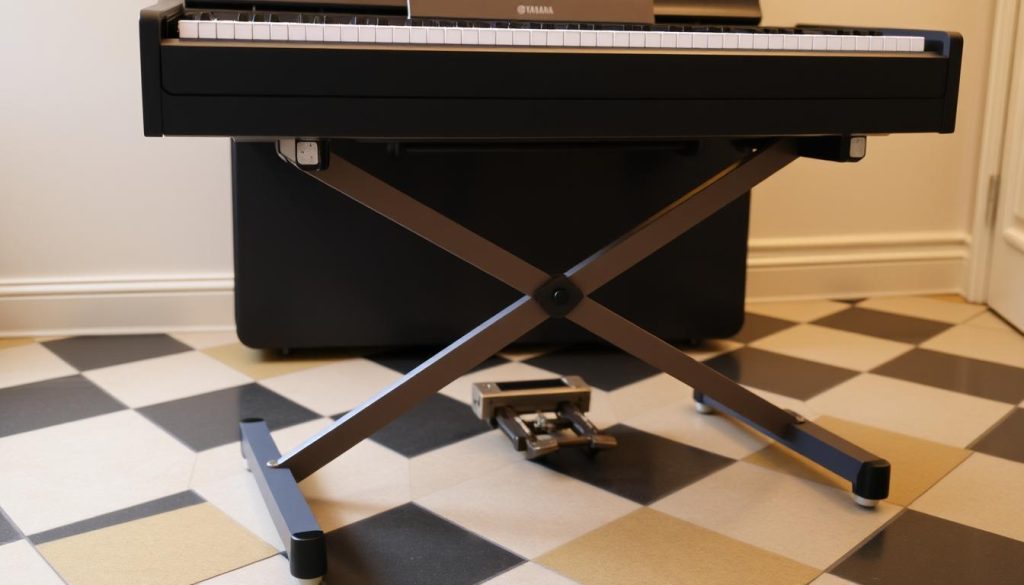 A sturdy, well-crafted keyboard support stands firmly on a checkerboard-patterned floor, its sturdy metal frame and adjustable legs ensuring a secure and stable platform for a Yamaha piano. Soft, warm lighting from above casts a gentle glow, highlighting the smooth, brushed-metal finish and the precise, carefully engineered fixation points that secure the keyboard in place. The support's sleek, minimalist design blends seamlessly with the piano's elegant lines, creating a cohesive, high-quality setup that exudes professionalism and attention to detail.