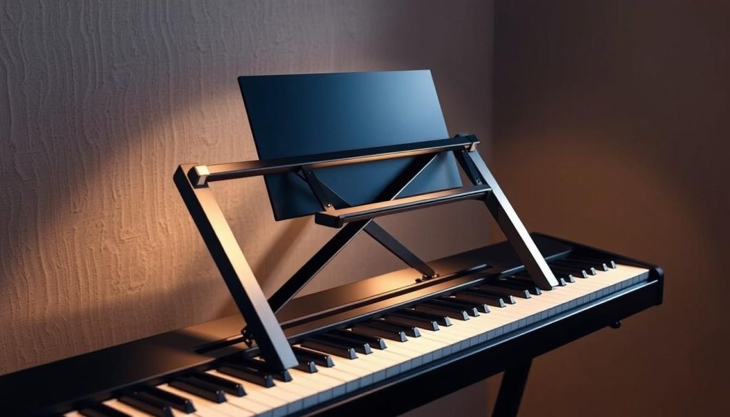 A visually striking alternative keyboard support, showcasing a sleek metal frame with adjustable angles and heights, seamlessly integrating with a modern piano. Soft indirect lighting casts a warm, inviting glow, highlighting the clean lines and minimalist design. The setup is positioned against a muted, textured background, allowing the innovative support to take center stage. The overall composition conveys a sense of sophistication and practicality, perfectly suited for the "Alternatives aux supports traditionnels" section of the article.
