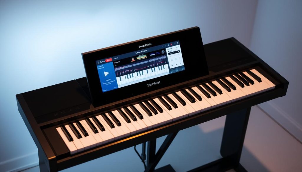 A digital piano with a sleek, modern design, its large screen prominently displaying the "Smart Pianist" application interface. The piano is set against a minimalist, studio-like backdrop, with subtle lighting illuminating the keys and controls. The Smart Pianist app's intuitive layout and visuals are clearly visible, showcasing its powerful features for music creation and learning. The composition emphasizes the seamless integration of technology and instrumentation, highlighting the application's role as a valuable tool for the digital pianist.