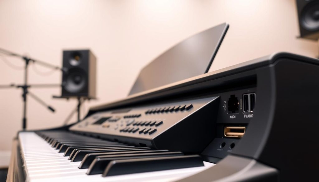 A digital piano with a sleek, modern design, showcasing its various connectivity options. In the foreground, the piano's control panel is prominently displayed, highlighting the various ports and inputs, such as USB, MIDI, and headphone jacks. The middle ground features a detailed view of the piano's body, emphasizing its clean lines and subtle textures. In the background, a minimalist studio setting with neutral tones creates a professional, recording-focused atmosphere. Soft, directional lighting illuminates the scene, casting subtle shadows and highlighting the piano's elegant silhouette. The overall composition conveys the seamless integration of the digital piano into a modern, technology-driven music production environment.