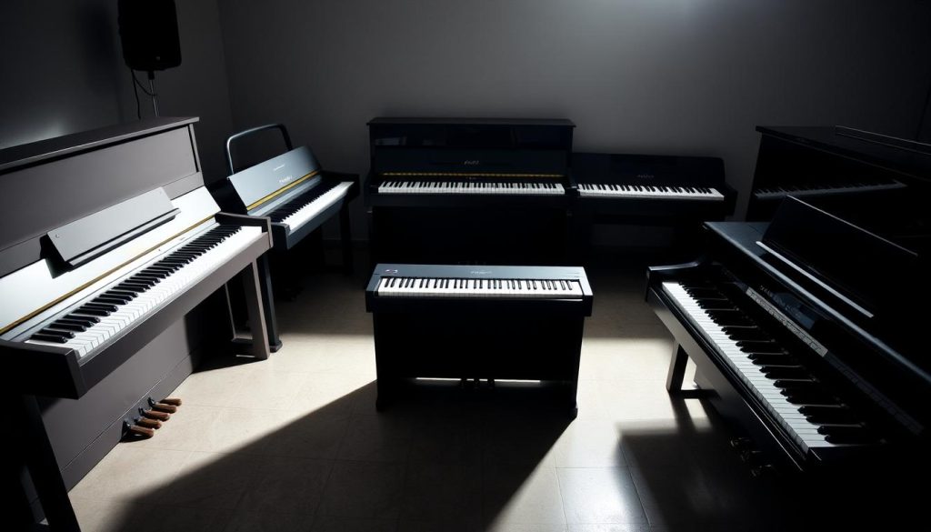 A high-quality, high-resolution comparison of several digital pianos, showcased in a professional studio setting. The pianos are arranged in a symmetrical layout, allowing for a side-by-side visual analysis. Soft, diffused lighting highlights the sleek, modern design of the instruments, creating a sense of depth and atmosphere. The scene is captured from a slightly elevated perspective, providing an optimal viewing angle for the viewer to appreciate the subtle details and nuances of each piano model. The overall tone is one of understated elegance, inviting the viewer to closely examine and compare the features and capabilities of these digital piano options.