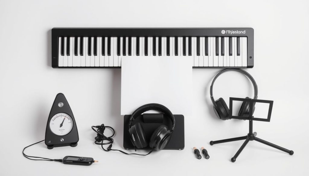 A neatly organized arrangement of practical digital piano accessories, including a metronome, headphones, and a music stand, all set against a clean, minimalist background with soft, even lighting to create a calming, focused atmosphere perfect for an immersive musical experience.