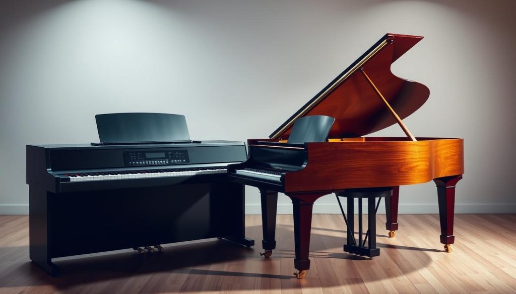 A high-quality, highly detailed comparison between an acoustic grand piano and a modern digital piano, showcased in a well-lit studio setting. The acoustic piano is positioned prominently in the foreground, its warm wooden body and intricate mechanics visible. The digital piano stands beside it, with a sleek, minimalist design. Subtle lighting from above casts soft shadows, highlighting the textures and contours of both instruments. The background is a clean, neutral environment, allowing the pianos to be the focal point. The overall mood is one of technical precision and artistic appreciation, inviting the viewer to closely examine and appreciate the unique characteristics of each piano type.
