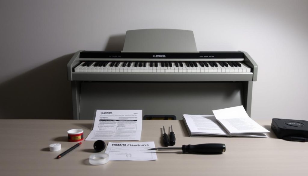 A neatly organized workspace with a Yamaha Clavinova digital piano positioned in the center. In the foreground, various tools and accessories are carefully arranged, including a screwdriver, a small container, and a sheet of instructions. The lighting is soft and even, creating a focused and attentive atmosphere. The background features a clean, neutral-colored wall, emphasizing the attention to detail and preparation for the reset process. The overall composition conveys a sense of thoughtfulness and attention to detail, perfectly suited for the "Préparatifs avant la réinitialisation" section of the article. A neatly organized workspace with a Yamaha Clavinova digital piano positioned in the center. In the foreground, various tools and accessories are carefully arranged, including a screwdriver, a small container, and a sheet of instructions. The lighting is soft and even, creating a focused and attentive atmosphere. The background features a clean, neutral-colored wall, emphasizing the attention to detail and preparation for the reset process. The overall composition conveys a sense of thoughtfulness and attention to detail, perfectly suited for the "Préparatifs avant la réinitialisation" section of the article.