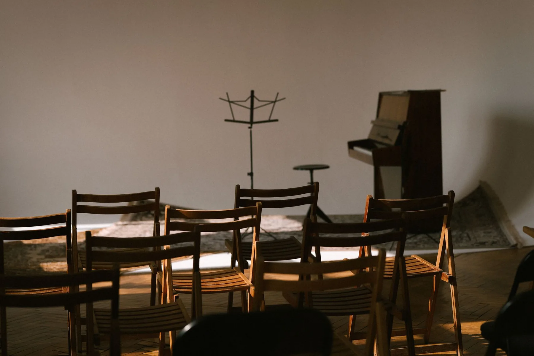 Upright piano in a music room