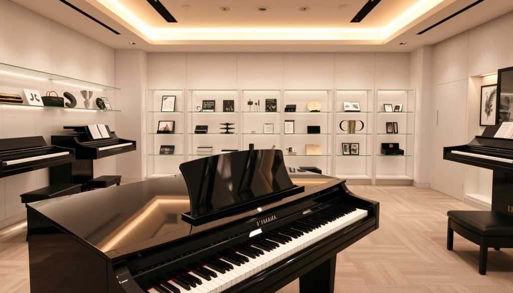 A high-end piano showroom with a luxurious, modern aesthetic. In the foreground, a gleaming Yamaha AvantGrand N1 digital piano stands prominently, its polished ebony finish reflecting the soft, warm lighting from above. The middle ground features elegant display shelves showcasing a range of premium piano accessories and services, such as sheet music, tuning tools, and personalized engraving options. The background depicts a minimalist, gallery-like space with pristine white walls and a subtle, muted color palette, creating a sophisticated and serene atmosphere. The lighting is carefully designed to highlight the piano's features and create a welcoming, inviting ambiance for discerning customers.