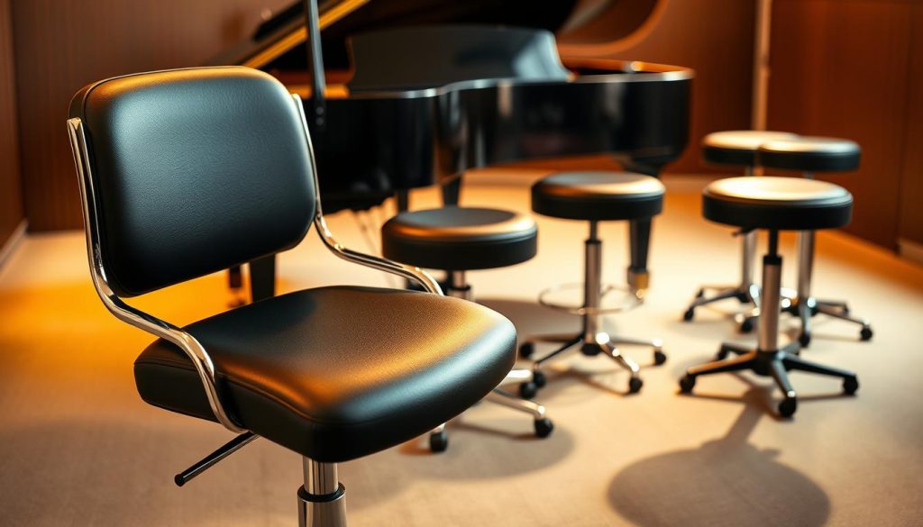 A luxurious arrangement of high-end piano stools in a sophisticated studio setting. In the foreground, a sleek, ergonomic stool with a plush, dark leather seat and a polished chrome frame. In the middle ground, a selection of matching stools in various heights, allowing pianists to find the perfect fit. The background features a grand piano, its ebony finish gleaming under the warm, focused lighting. The scene exudes an atmosphere of refined elegance, catering to the discerning tastes of professional pianists. Soft shadows and reflections add depth and dimensionality, creating a sense of harmonious sophistication.