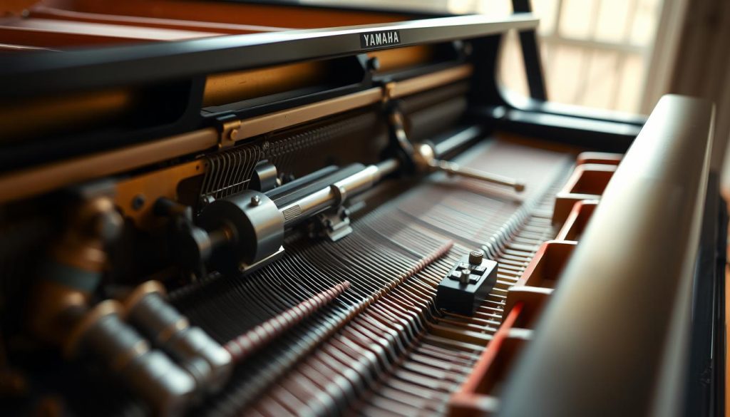 A meticulous close-up view of the intricate inner workings of a grand piano mechanism, showcasing the delicate balance and precision engineering that defines the authentic feel of a traditional acoustic piano. Capture the mechanical symphony of hammers, dampers, and strings in a meticulously lit studio setting, with a shallow depth of field that isolates the captivating machinery against a softly blurred background. Render this scene with a high level of photorealism, conveying the tactile quality and mechanical beauty that is central to the Yamaha AvantGrand N1's authentic grand piano experience.