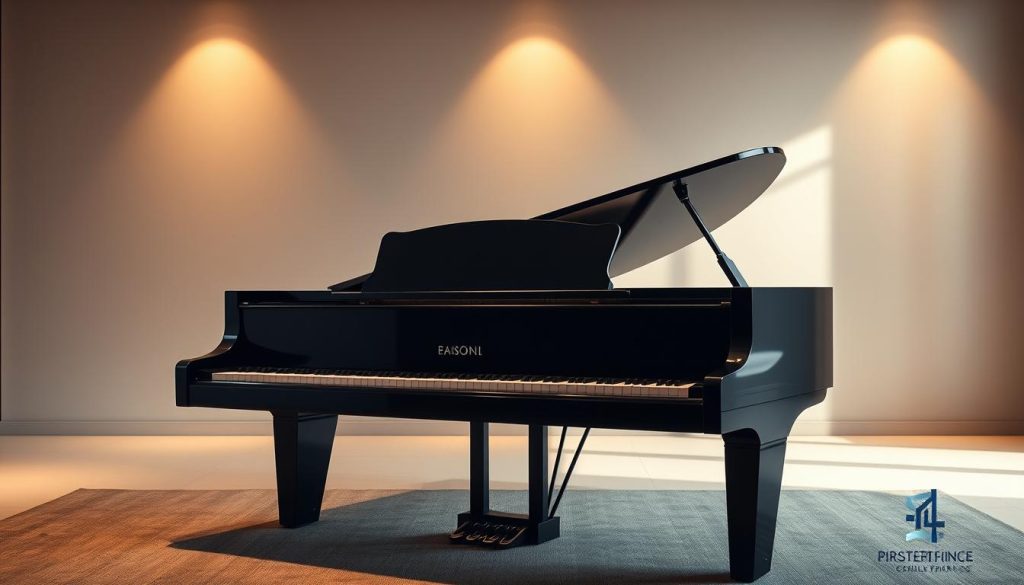 A sleek, high-end piano elegantly positioned in a sophisticated, minimalist living space. The piano's lustrous, ebony-colored body reflects the warm lighting, casting a refined, luxurious ambiance. Smooth, curved lines and seamless construction convey a premium, artisanal quality. The piano's ergonomic design features a subtly angled keyboard and adjustable height, optimizing comfort and playability for the discerning musician. Soft, indirect lighting emanates from hidden sources, accentuating the piano's striking silhouette and creating an atmosphere of refined elegance. The overall scene exudes a sense of timeless sophistication, befitting a premium musical instrument of the highest caliber.