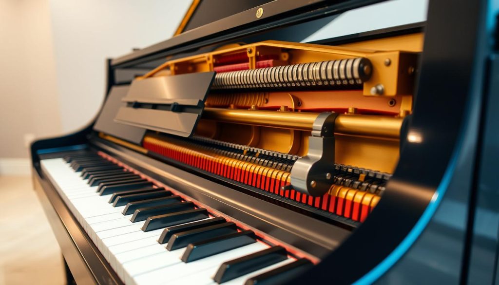 A high-quality, meticulously detailed image of the internal mechanism of a Yamaha U1 upright piano, showcasing its intricate and reliable action. The foreground features the piano keys, hammers, and action components, all rendered with exceptional precision and attention to the delicate engineering. The middle ground highlights the piano's sturdy, well-designed frame and the carefully machined parts that contribute to its consistent and responsive performance. The background subtly fades into a neutral, softly lit environment, allowing the viewer to focus on the stunning mechanical artistry on display. The overall scene conveys a sense of sophistication, technical mastery, and the dedication to craftsmanship that defines the Yamaha U1 piano.