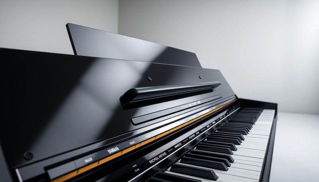 A highly detailed, technologically advanced Yamaha U1 piano, captured in a sleek, modern studio setting. The piano stands prominently in the foreground, its glossy black finish gleaming under the soft, directional lighting. The keyboard features intricate mechanical details, with individual keys and moving parts visible. In the middle ground, various technological enhancements are on display, such as a digital music display, integrated speakers, and integrated MIDI capabilities. The background showcases a minimalist, clean-lined environment, emphasizing the piano's role as a cutting-edge, high-performance instrument.