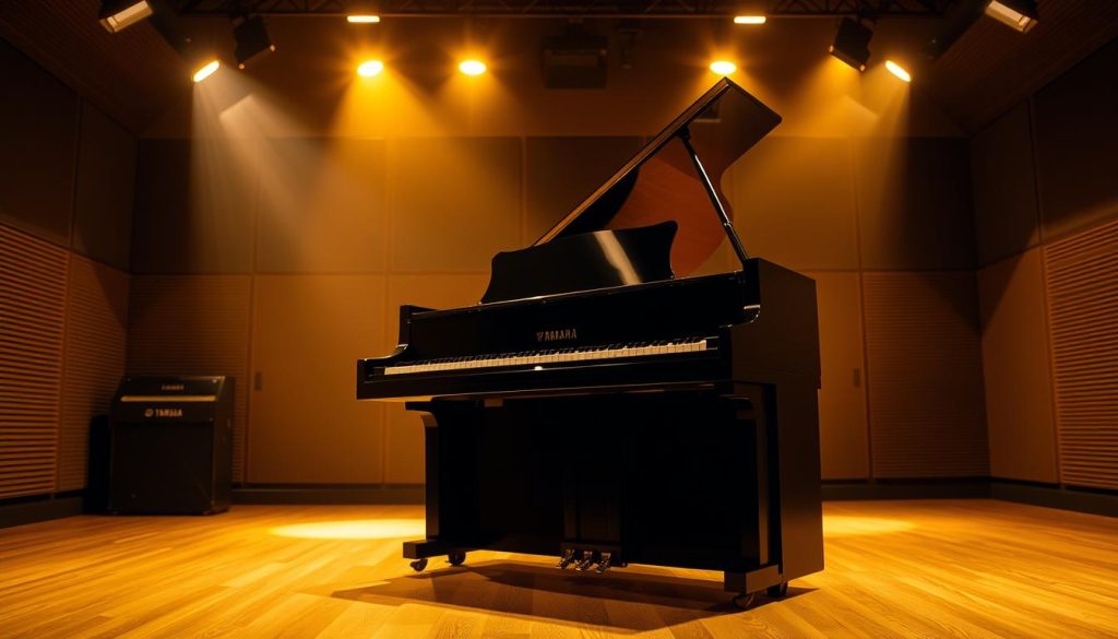 A robust, well-crafted Yamaha U1 piano stands in a dimly lit, acoustically-treated music studio. Warm, golden lighting from overhead spotlights casts dramatic shadows, highlighting the piano's sleek, ebony finish and sturdy, solid construction. The instrument's iconic, classic design exudes a sense of timeless elegance and durability, perfect for the demands of institutional use. The piano is positioned in the foreground, commanding attention, while the background is intentionally blurred, keeping the focus on the instrument's impressive presence and quality. An atmosphere of quiet contemplation and professional musicianship pervades the scene, showcasing the Yamaha U1's suitability for serious musical endeavors in schools and studios.