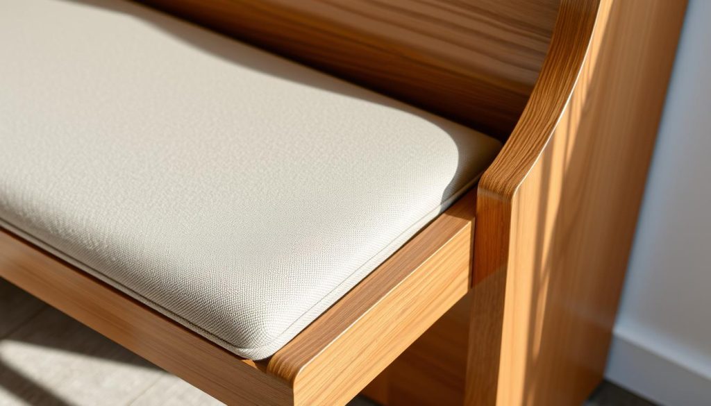 Matériaux banquette piano: A well-crafted piano bench with a luxurious, high-quality fabric surface in a neutral tone, complemented by a sleek, polished wooden frame. The bench's construction showcases fine attention to detail, with smooth contours and sturdy construction that exudes an air of sophistication. Soft, supple upholstery invites comfort, while the wood's warm, natural hue creates a timeless, harmonious aesthetic. Gentle side lighting casts a subtle glow, highlighting the bench's refined materials and thoughtful design. The scene conveys a sense of elegant simplicity, perfectly suited for a Yamaha piano in a well-appointed music room.