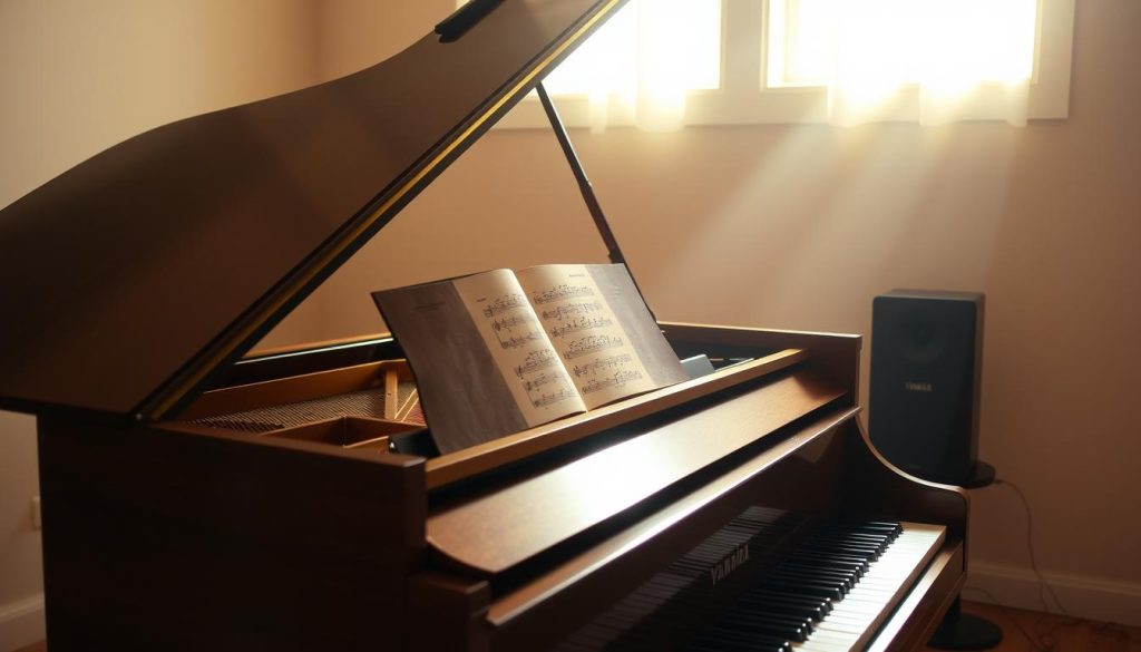 A Yamaha grand piano standing in a warm, softly lit studio. The piano's lid is open, revealing the inner workings and strings. The piano's keys are gently depressed, with sheet music resting on the music stand. Beside the piano, a Bluetooth speaker is subtly placed, playing soothing, ambient music that fills the room. The lighting is natural, with soft, diffused beams highlighting the piano's polished wood and the speaker's sleek design. The overall atmosphere is one of tranquility and musical exploration, inviting the viewer to imagine themselves immersed in the experience of wirelessly streaming music through the piano's powerful sound system. A Yamaha grand piano standing in a warm, softly lit studio. The piano's lid is open, revealing the inner workings and strings. The piano's keys are gently depressed, with sheet music resting on the music stand. Beside the piano, a Bluetooth speaker is subtly placed, playing soothing, ambient music that fills the room. The lighting is natural, with soft, diffused beams highlighting the piano's polished wood and the speaker's sleek design. The overall atmosphere is one of tranquility and musical exploration, inviting the viewer to imagine themselves immersed in the experience of wirelessly streaming music through the piano's powerful sound system.