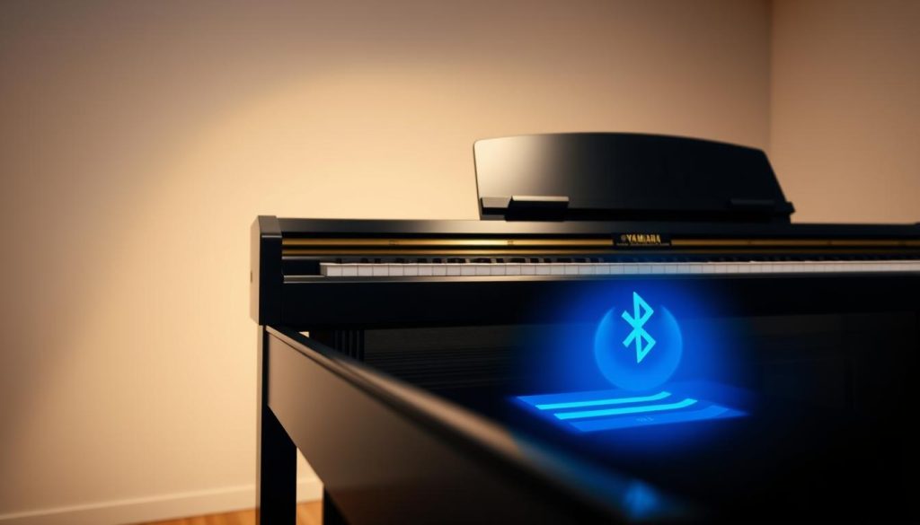 A Yamaha piano, its sleek black body gleaming under warm studio lighting, sits atop a wooden table. The piano's Bluetooth connectivity is illustrated by a glowing blue aura emanating from the control panel, highlighting the effortless wireless integration. The scene is captured from a low angle, emphasizing the piano's elegant design and the user's perspective when activating the Bluetooth feature. The background is a minimalist, neutral-toned studio setting, allowing the piano to be the focal point and emphasizing its technological capabilities. A Yamaha piano, its sleek black body gleaming under warm studio lighting, sits atop a wooden table. The piano's Bluetooth connectivity is illustrated by a glowing blue aura emanating from the control panel, highlighting the effortless wireless integration. The scene is captured from a low angle, emphasizing the piano's elegant design and the user's perspective when activating the Bluetooth feature. The background is a minimalist, neutral-toned studio setting, allowing the piano to be the focal point and emphasizing its technological capabilities.