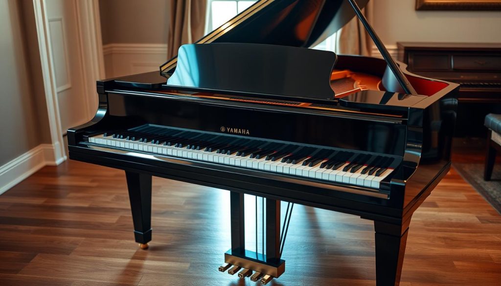 A beautifully crafted Yamaha grand piano, its quarter-sized frame gleaming under soft, warm lighting. The intricate mechanics of the keyboard and strings are visible, showcasing the engineering precision that defines this instrument. The piano is situated in a cozy, well-appointed room, with a rich, hardwood floor and subtle, neutral-toned decor that allows the piano to take center stage. The composition emphasizes the piano's elegant silhouette and the careful attention to detail that makes it a true work of art, highlighting the craftsmanship and technological advancements that make a Yamaha quarter-sized grand piano an exceptional investment.