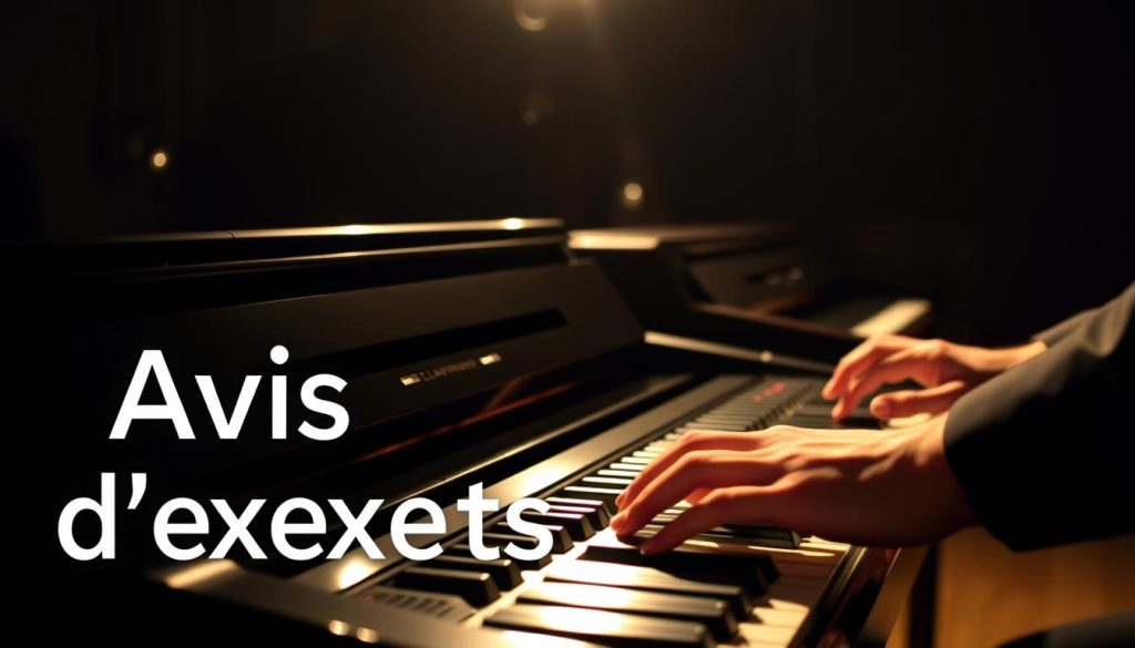 A dimly lit studio setting with a pair of digital pianos from the Yamaha Clavinova series prominently displayed. The pianos are shot from an angle, showcasing their sleek, modern design and polished surfaces. In the foreground, a pair of hands expertly playing the keys, conveying a sense of deep immersion and thoughtful evaluation. The background is slightly blurred, creating a sense of focus on the instruments. The lighting is soft and warm, casting subtle shadows and highlights that accentuate the curves and textures of the pianos. The overall atmosphere is one of professional scrutiny and in-depth analysis, reflecting the "Avis d'experts" (Expert opinions) theme.