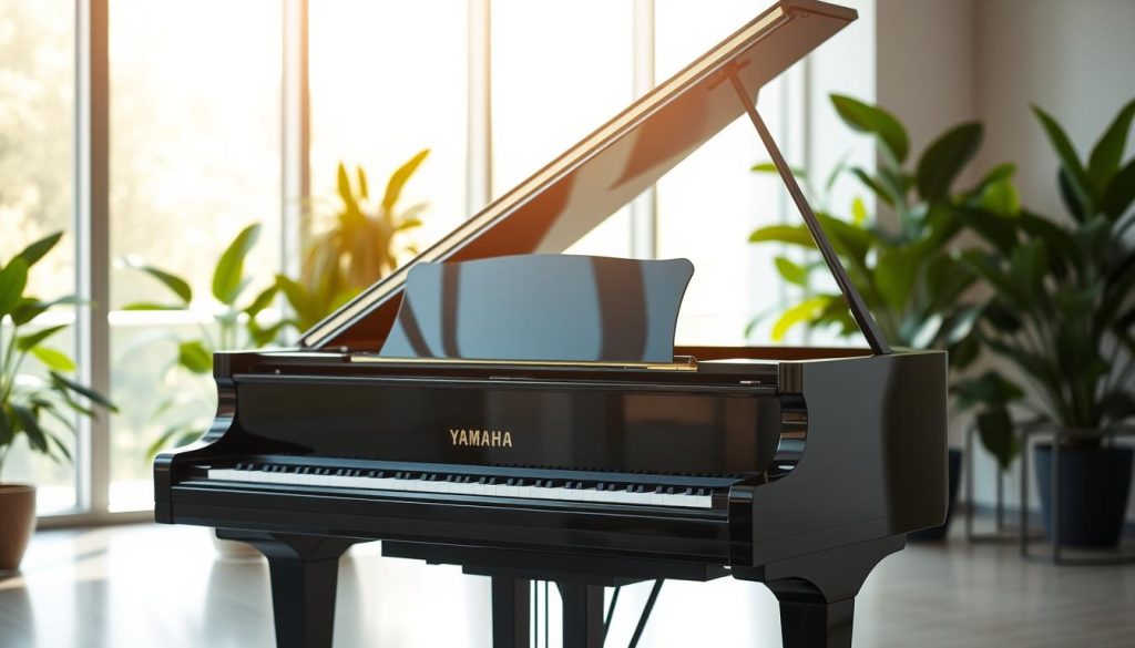 A grand Yamaha piano, its polished ebony finish gleaming under warm, soft lighting. The instrument stands proudly in a spacious, modern room with large windows, allowing natural light to flood the space. Lush, verdant houseplants in the background suggest a commitment to sustainability and a harmonious, eco-friendly environment. The piano's sleek, minimalist design evokes a sense of timeless elegance and quality craftsmanship, perfectly complementing the room's refined, sophisticated ambiance. A piano that not only produces exceptional sound but also embodies a sustainable, long-term investment in one's musical journey and living space.