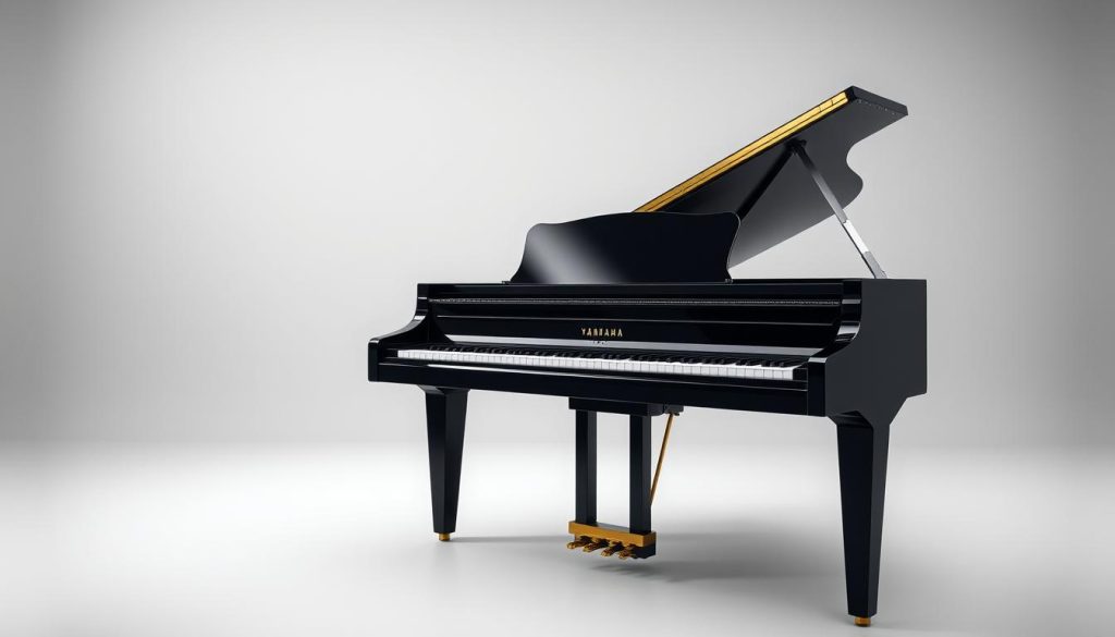 A grand Yamaha quarter-size piano stands in a well-lit, minimalist studio. The instrument's glossy ebony finish and intricate details are highlighted by soft, directional lighting. In the foreground, the piano's advanced touch-sensitive keys and sophisticated digital controls come into focus, showcasing Yamaha's innovative technologies. The mid-ground features the piano's sleek, ergonomic design, accentuating its modern aesthetic. In the background, a neutral gray backdrop creates a clean, uncluttered environment, allowing the piano's features to take center stage. The overall mood is one of sophistication, precision, and technological prowess.