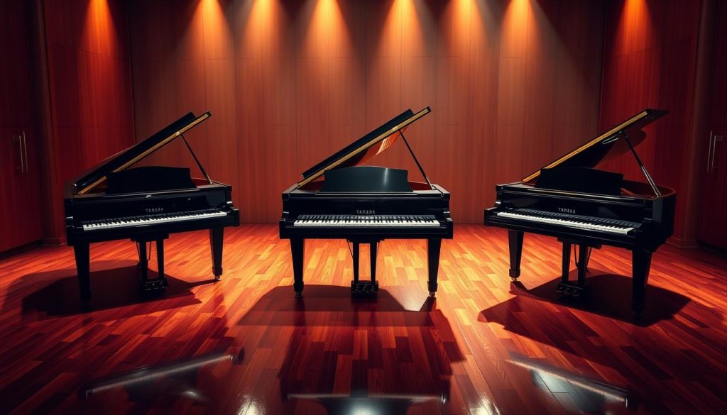 A grand piano quartet on a glossy hardwood stage, bathed in warm, directional lighting. The Yamaha logo gleams prominently on the curved lids, highlighting the craftsmanship and attention to detail. The pianos are arranged in a harmonious semicircle, inviting the viewer to step closer and appreciate their elegant, flowing lines and polished ebony finishes. The scene exudes a sense of refined sophistication, showcasing the quintessential Yamaha quarter-size grand piano design that has become a hallmark of excellence in the world of musical instruments.