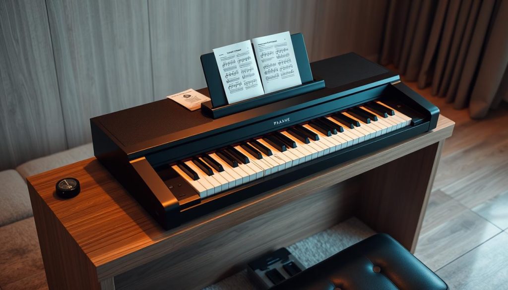 A neatly arranged digital piano sits atop a sleek, modern wooden desk, its glossy black surface reflecting the warm, ambient lighting of the room. The piano's clean lines and minimalist design evoke a sense of sophistication and attention to detail. Surrounding the instrument, an array of musical accessories, such as sheet music and a metronome, suggest its practical and functional nature. The composition is balanced, with the piano taking center stage, complemented by the neutral tones and textures of the background, creating an elegant and visually appealing scene that showcases the digital piano's high-quality craftsmanship and performance capabilities.