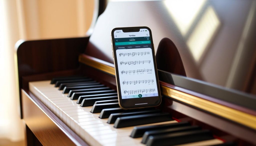 A piano sitting on a wooden surface, with a smartphone or tablet display showing a Yamaha music learning app interface. The app displays musical notes, sheet music, and interactive lessons. Soft lighting from a window casts a warm glow on the scene. The piano keys are visible, inviting the user to follow along with the app's instructions. The overall atmosphere is focused, educational, and conducive to musical practice and skill development. A piano sitting on a wooden surface, with a smartphone or tablet display showing a Yamaha music learning app interface. The app displays musical notes, sheet music, and interactive lessons. Soft lighting from a window casts a warm glow on the scene. The piano keys are visible, inviting the user to follow along with the app's instructions. The overall atmosphere is focused, educational, and conducive to musical practice and skill development.