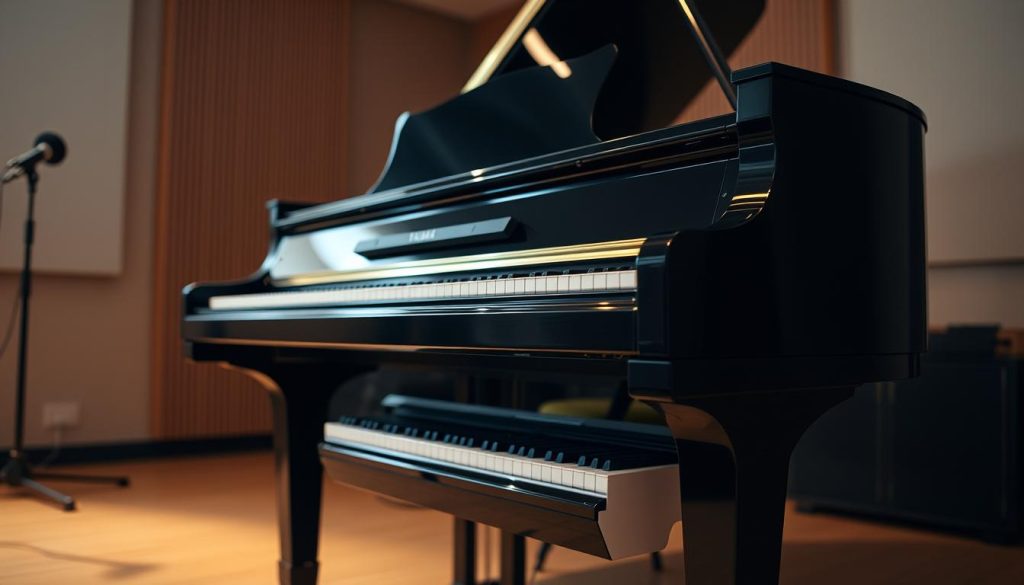 A technologically-advanced Yamaha P125 piano, its Pure CF sound technology on full display. The piano stands in a well-lit, acoustically-treated studio space, casting a warm, inviting glow. The polished black finish gleams under carefully positioned lighting, highlighting the piano's sleek, modern design. The perspective is slightly elevated, allowing the viewer to appreciate the instrument's impressive size and scale. The background is subtly blurred, keeping the focus on the piano's impressive form and the immersive audio experience it promises to deliver.