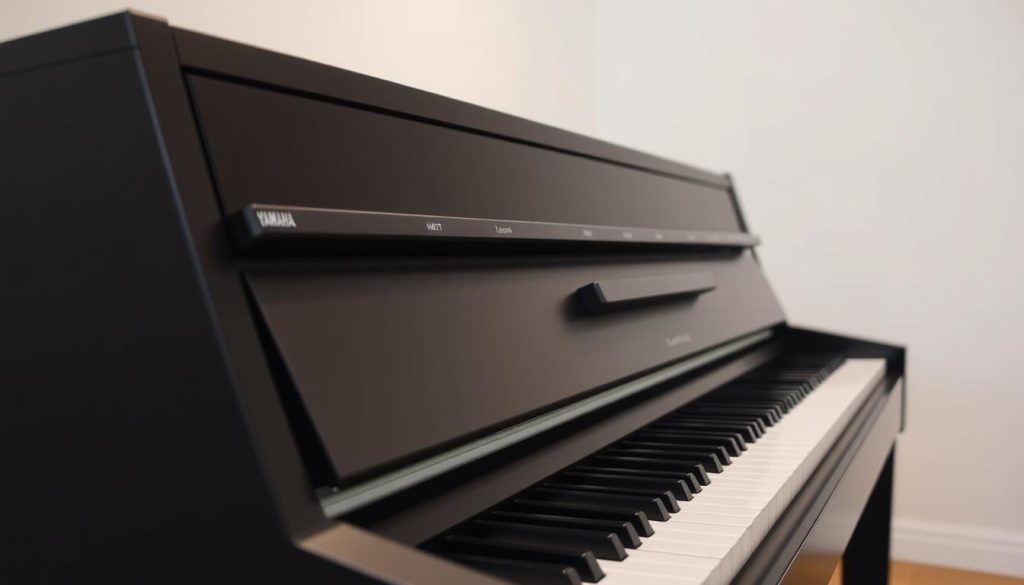A well-lit, close-up photograph of the Yamaha P125 piano, showcasing its key features for learning and practice. The piano is placed in a clean, uncluttered studio setting, with a soft, diffused lighting that accentuates the instrument's sleek and modern design. The image focuses on the piano's control panel, highlighting the intuitive layout of buttons and knobs that enable easy access to a variety of educational and practice-oriented functions, such as the built-in metronome, lesson songs, and recording capabilities. The piano's keys are visible, conveying a sense of the instrument's responsiveness and playability. The overall mood is one of calm, focused attention, inviting the viewer to imagine themselves seated at the piano, engaging with its well-designed features to enhance their musical learning experience.