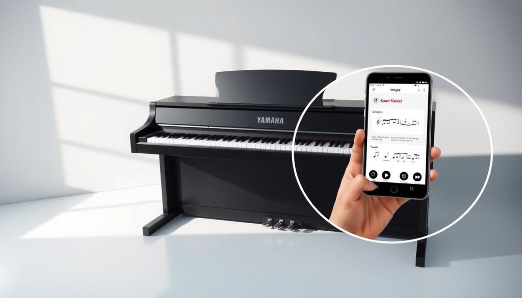 A well-lit, high-resolution studio photograph of a Yamaha P125 digital piano, with a close-up view of the Smart Pianist app running on a connected tablet or smartphone. The piano is placed in a minimalist, modern setting with clean lines and soft, natural lighting. The app interface is clearly visible, showcasing its intuitive controls and music-learning features. The overall composition emphasizes the seamless integration between the piano and the smart technology, highlighting the "connected" aspect of the user experience. The image conveys a sense of sophistication, functionality, and the piano's appeal to amateur musicians seeking a powerful, yet accessible, musical companion.