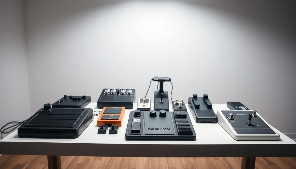A clean, well-lit studio setting featuring an assortment of digital piano pedals placed on a sleek, modern table. The pedals should be prominently displayed, showcasing their various shapes, colors, and textures. Capture the pedals from multiple angles, including close-ups that highlight their intricate designs and features. The background should be simple and uncluttered, allowing the pedals to be the central focus. Subtle ambient lighting from above casts a soft, even glow, emphasizing the pedals' materiality and craftsmanship. The overall composition should convey a sense of thoughtful curation, inviting the viewer to closely examine the diverse range of digital piano pedal options.