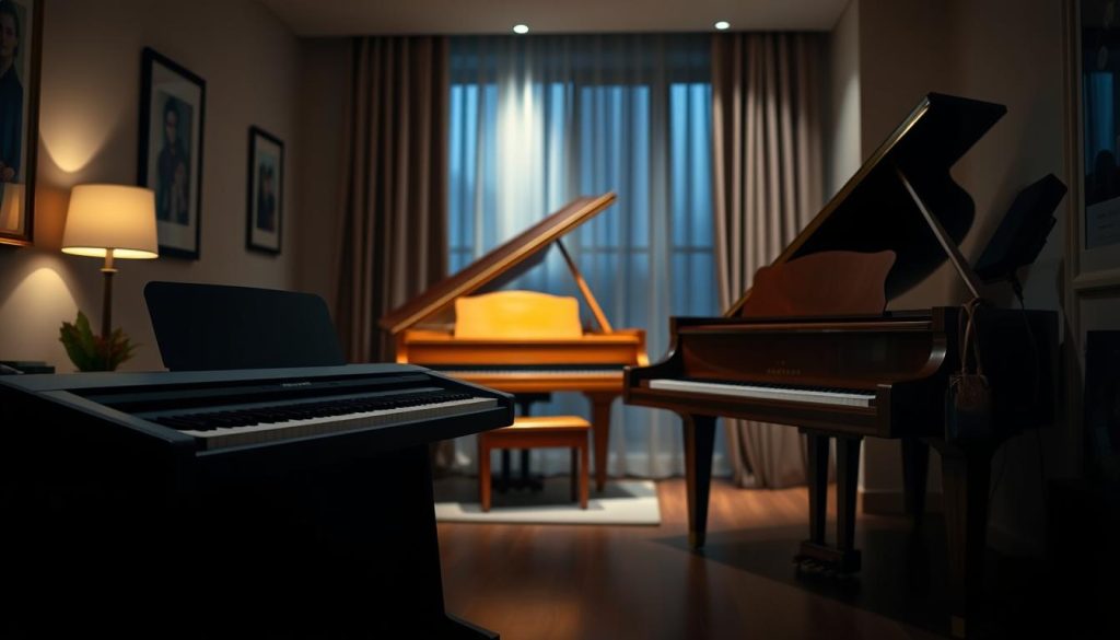 A comparison of a sleek, modern digital piano and a classic, elegant acoustic grand piano set against a dimly lit, cozy apartment interior. The digital piano, with its clean lines and minimalist design, stands in the foreground, while the grand piano, with its warm, wooden tones, occupies the middle ground. Soft, indirect lighting casts a subtle glow, creating an intimate atmosphere. The scene captures the contrast between the technological advancement of the digital piano and the timeless beauty of the acoustic instrument, inviting the viewer to consider the unique benefits of each in the context of apartment living.