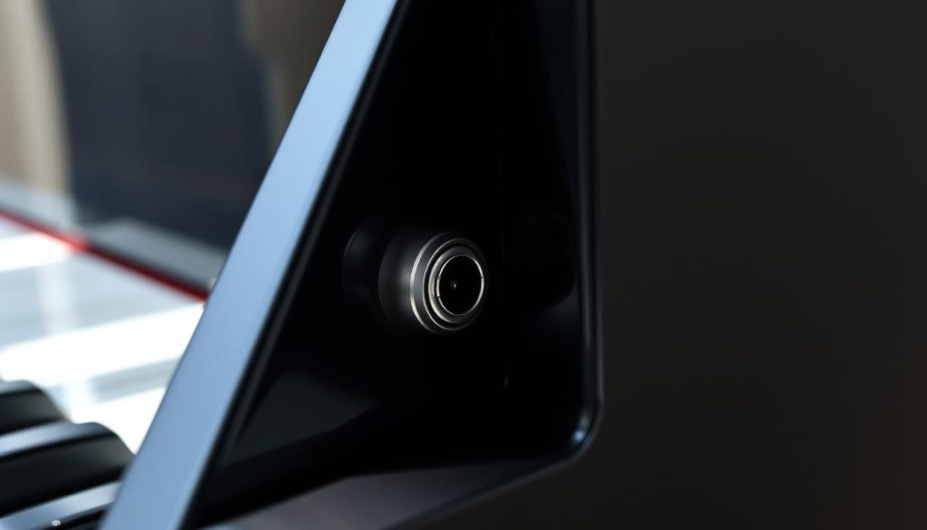 A detailed close-up shot of a black and silver Yamaha Arius digital piano's headphone jack, or "brancher casque prise jack". The jack is prominently featured in the center of the frame, surrounded by the piano's sleek and modern design elements. Bright, directional lighting casts subtle shadows, highlighting the jack's metallic finish and precise engineering. The overall mood is one of technical precision and high-quality audio equipment, befitting the premium nature of the Yamaha Arius. The image provides a clear, uncluttered view of the jack, ready to illustrate the step-by-step guide on connecting headphones to this piano model.