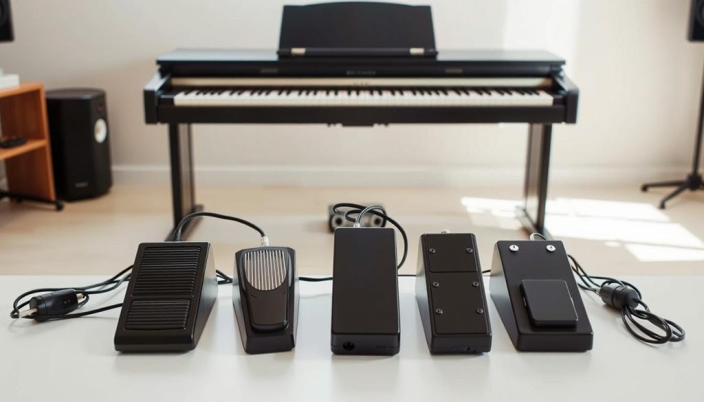 A detailed comparison of five high-quality digital piano sustain pedals for 2024. A studio setting with a well-lit digital piano, the pedals arranged neatly in the foreground. Soft, natural lighting creates a warm, inviting atmosphere. The pedals are presented with a clean, minimalist style, allowing their features and construction to shine. Emphasis on premium materials, responsive mechanisms, and seamless integration with the piano. A sense of professionalism and expertise, suitable for an in-depth buyer's guide.