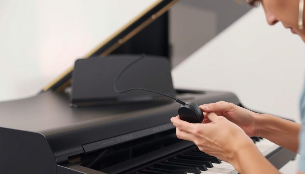 A digital piano with a headphone jack, surrounded by a calm, minimalist environment. In the foreground, a person's hands deftly troubleshooting the headphone connection, with a focused expression. The middle ground features the piano's sleek, modern design, complemented by subtle lighting that creates a soothing ambiance. The background is a clean, uncluttered space, allowing the piano and the person's actions to be the central focus. The overall scene conveys a sense of problem-solving, with a serene and professional atmosphere suitable for an article about resolving common issues with a Yamaha Arius digital piano.
