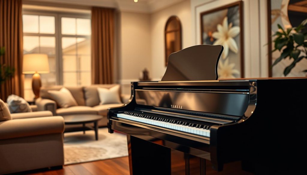 A high-quality Yamaha P71 piano standing prominently in a cozy, well-lit living room. The piano's sleek, ebony finish reflects the warm, diffused lighting, creating a sense of elegance and sophistication. The instrument is positioned in the foreground, its keys and controls visible in intricate detail. The middle ground features plush, comfortable seating areas, inviting the viewer to imagine themselves enjoying the piano's rich, resonant sound. In the background, tasteful decor and neutral-toned walls contribute to a serene, harmonious atmosphere, accentuating the piano as the room's focal point.
