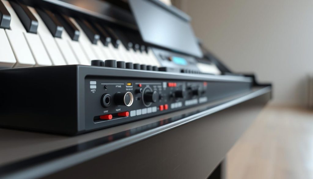 A high-resolution, detailed, and photorealistic image of a digital piano's audio interface, shot in a well-lit studio setting with a shallow depth of field. The interface features various input/output ports, knobs, and buttons, showcasing its connectivity options. The piano itself is positioned in the background, partially visible, creating a cohesive and contextual scene. The image has a clean, professional, and minimalist aesthetic, emphasizing the interface's functionality and usability.