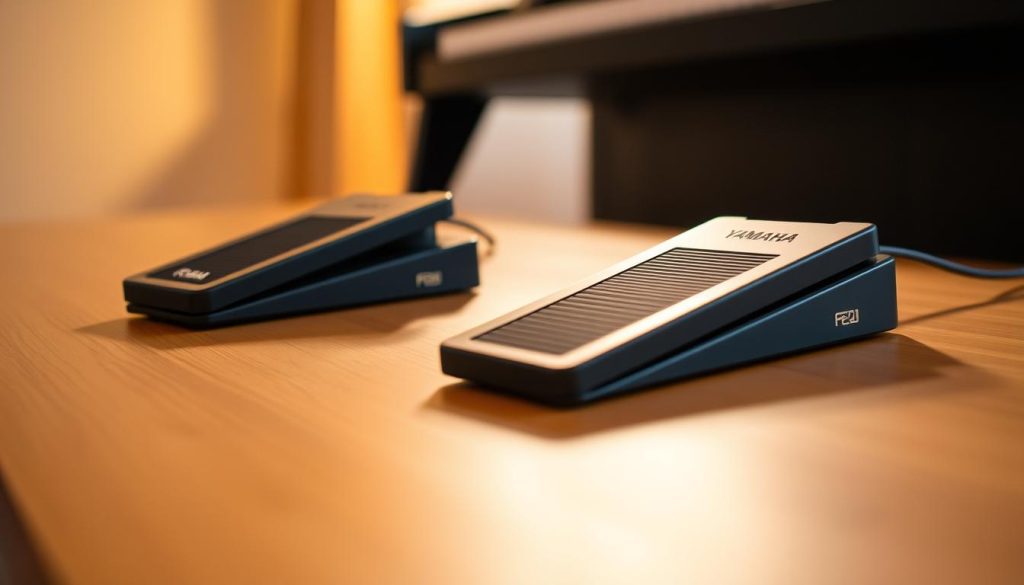 A pair of Yamaha FC4A and FC3A piano sustain pedals, meticulously crafted with sleek black metal housings, sit atop a smooth, hardwood surface. The pedals are illuminated by warm, diffused lighting, casting subtle shadows that accentuate their elegant curves. The pedals are positioned in the foreground, with a blurred, out-of-focus background hinting at the presence of a digital piano or keyboard. The overall mood is one of refined simplicity, highlighting the specialized design and quality craftsmanship of these Yamaha sustain pedals, tailored specifically for use with Yamaha digital pianos.