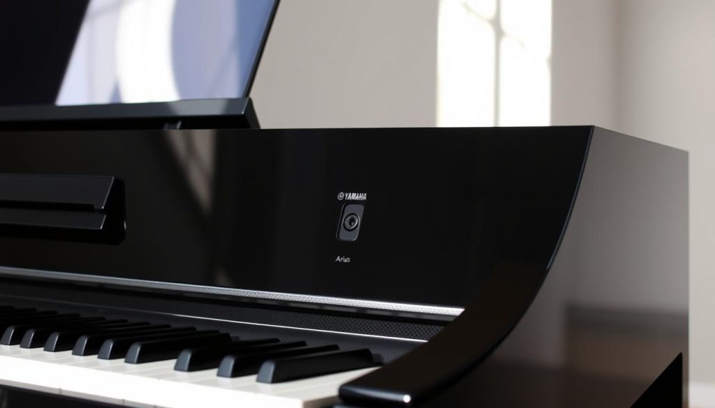 A sleek, modern Yamaha Arius digital piano sits prominently in the frame, its polished black exterior gleaming under soft, natural lighting. The piano's control panel and ports are the focal point, showcasing the various connection options, including a dedicated headphone jack. The background is a minimalist, uncluttered setting, allowing the piano to take center stage. The overall composition conveys a sense of simplicity and functionality, emphasizing the piano's role as a versatile, high-quality instrument ready for the user's connection needs.