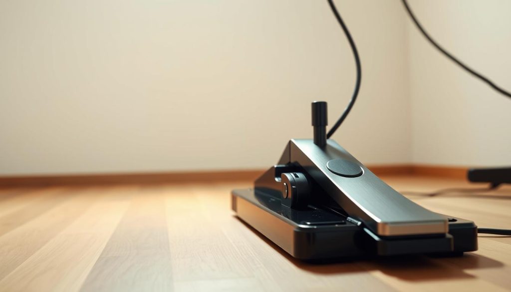 A sleek, modern digital piano pedal set against a minimalist, well-lit studio backdrop. The pedal is centered in the frame, its brushed metal and glossy black finish gleaming under soft, diffused lighting. The pedal's mechanisms and connections are clearly visible, inviting the viewer to examine the intricate details of its installation. The mid-ground features a wooden floor and a clean, uncluttered workspace, conveying a sense of organization and professionalism. The background subtly blurs into a neutral, off-white wall, allowing the pedal to be the focal point. The overall mood is one of precision, functionality, and high-quality craftsmanship.