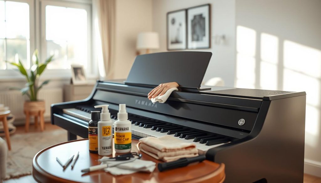 A well-lit, meticulously detailed image of a Yamaha digital piano being carefully maintained and cleaned. The piano is positioned in a cozy, minimalist home setting, with natural lighting filtering in through large windows. The focus is on the pianist's hands gently wiping down the piano's sleek, glossy surface with a soft cloth, paying close attention to the keys and delicate mechanisms. The mid-ground features an array of piano care products - polish, cloths, and tools - neatly arranged on a side table. The background depicts a warm, inviting living space with neutral tones and subtle decor, creating a sense of tranquility and harmony. The overall mood is one of reverence and dedication to preserving the piano's pristine condition for years to come.