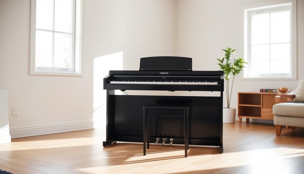 A well-lit, neatly arranged room showcases a Yamaha P71 digital piano, its sleek black finish gleaming. The instrument sits atop a minimalist wooden stand, effortlessly blending into the modern, uncluttered space. Soft, natural lighting filters in through large windows, creating a warm, inviting atmosphere. The piano's compact design and seamless integration into the room's decor emphasize its ease of installation and convenient storage, perfectly encapsulating the advantages of owning a Yamaha P71 in a compact living environment.
