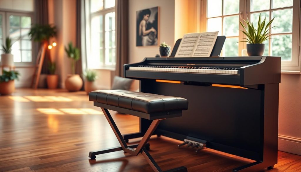 A beautifully arranged workspace for a pianist, featuring a sleek digital piano as the centerpiece. In the foreground, display essential accessories: a stylish and modern piano stand, soft touch piano pedal, and a luxurious piano bench upholstered in rich black leather. Include sheet music elegantly placed on the piano, illuminated by warm, ambient lighting that enhances its inviting atmosphere. The middle ground shows a softly blurred background of a cozy room with wooden flooring, large windows allowing natural light to stream in, and a few decorative elements like potted plants. Capture the scene from a slightly elevated angle to emphasize the piano and its accessories, creating a serene and inspiring mood for a passionate musician. A beautifully arranged workspace for a pianist, featuring a sleek digital piano as the centerpiece. In the foreground, display essential accessories: a stylish and modern piano stand, soft touch piano pedal, and a luxurious piano bench upholstered in rich black leather. Include sheet music elegantly placed on the piano, illuminated by warm, ambient lighting that enhances its inviting atmosphere. The middle ground shows a softly blurred background of a cozy room with wooden flooring, large windows allowing natural light to stream in, and a few decorative elements like potted plants. Capture the scene from a slightly elevated angle to emphasize the piano and its accessories, creating a serene and inspiring mood for a passionate musician.