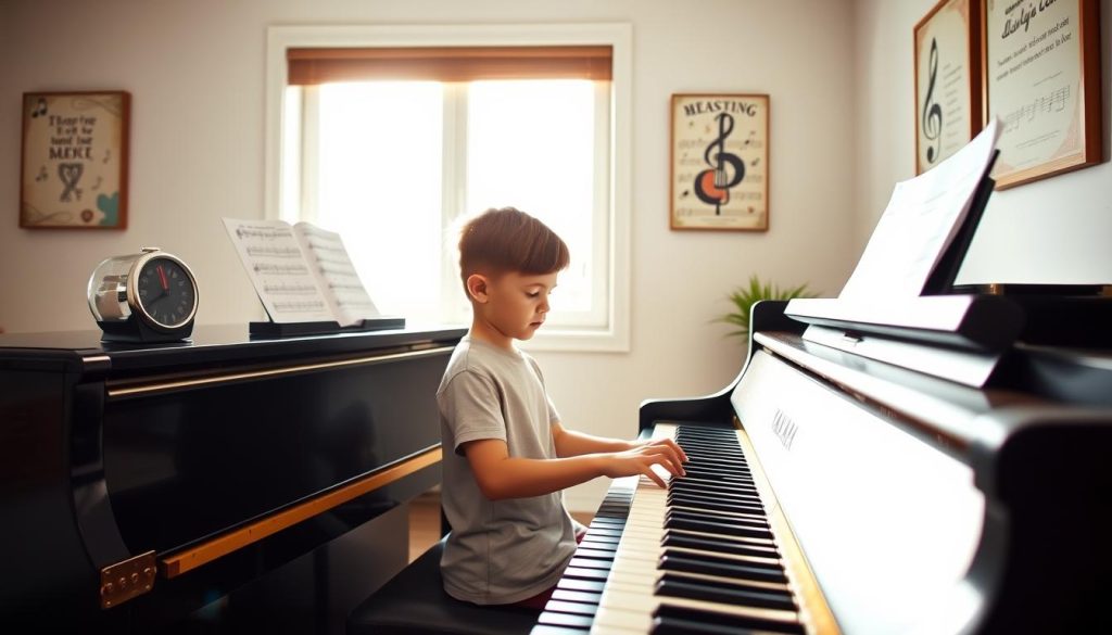 A bright, well-lit studio setting with a Yamaha piano in the foreground. A young beginner sits at the piano, focused on their sheet music, hands poised over the keys, ready to practice. Behind the piano, a large window lets in natural light, creating a warm, inviting atmosphere. On the piano, a metronome sits, its pendulum swinging gently, guiding the student's rhythm. The walls are adorned with inspirational music-themed artwork, creating a cozy, educational environment for a piano lesson. The overall scene conveys a sense of calm, concentration, and the joy of learning a new instrument. A bright, well-lit studio setting with a Yamaha piano in the foreground. A young beginner sits at the piano, focused on their sheet music, hands poised over the keys, ready to practice. Behind the piano, a large window lets in natural light, creating a warm, inviting atmosphere. On the piano, a metronome sits, its pendulum swinging gently, guiding the student's rhythm. The walls are adorned with inspirational music-themed artwork, creating a cozy, educational environment for a piano lesson. The overall scene conveys a sense of calm, concentration, and the joy of learning a new instrument.
