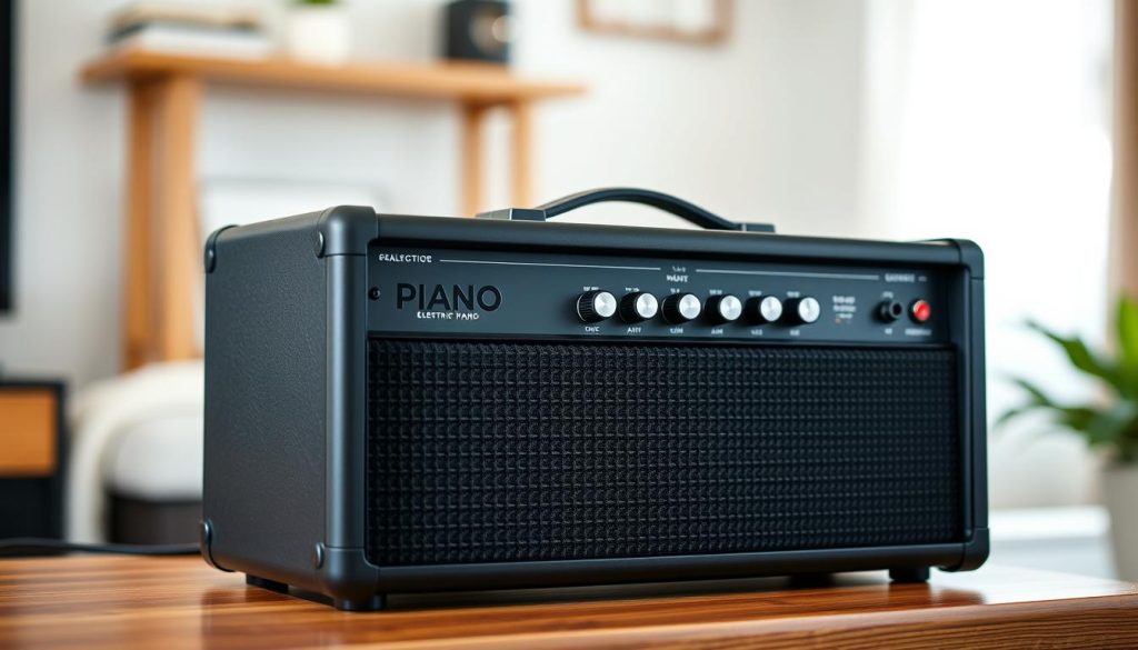 A budget-friendly electric piano amplifier, sitting on a wooden surface, with a simple, minimalist design. The amplifier has a sleek, matte black finish, with subtle metallic accents. The front panel features a clean layout with basic controls, such as volume, gain, and tone knobs. Soft, diffused lighting illuminates the scene, creating a warm and inviting atmosphere. The amplifier is positioned in the foreground, with a blurred background that suggests a cozy, home studio or practice space. The overall composition conveys a sense of affordability and practicality, suitable for a beginner or budget-conscious pianist.
